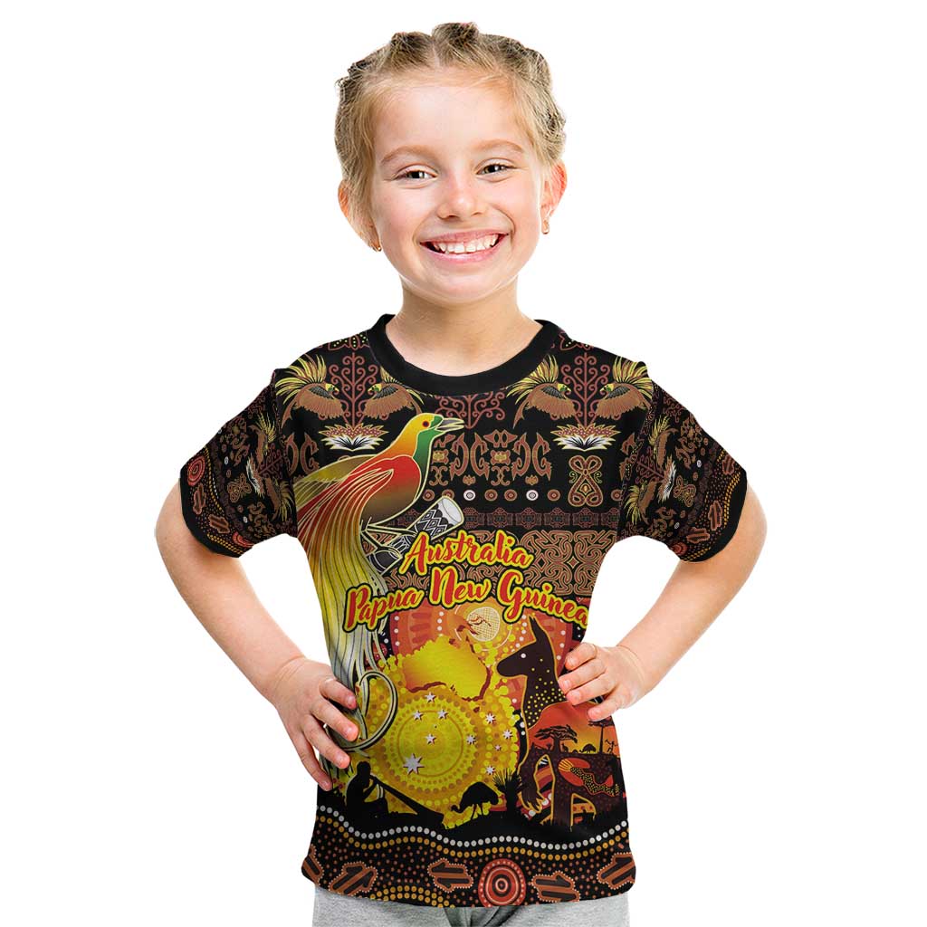 Personalized Australia and Papua New Guinea Together Kid T Shirt Kangaroo Aboriginal Art and Bird-of-paradise Oro Tribal Motifs - Polynesian Pride