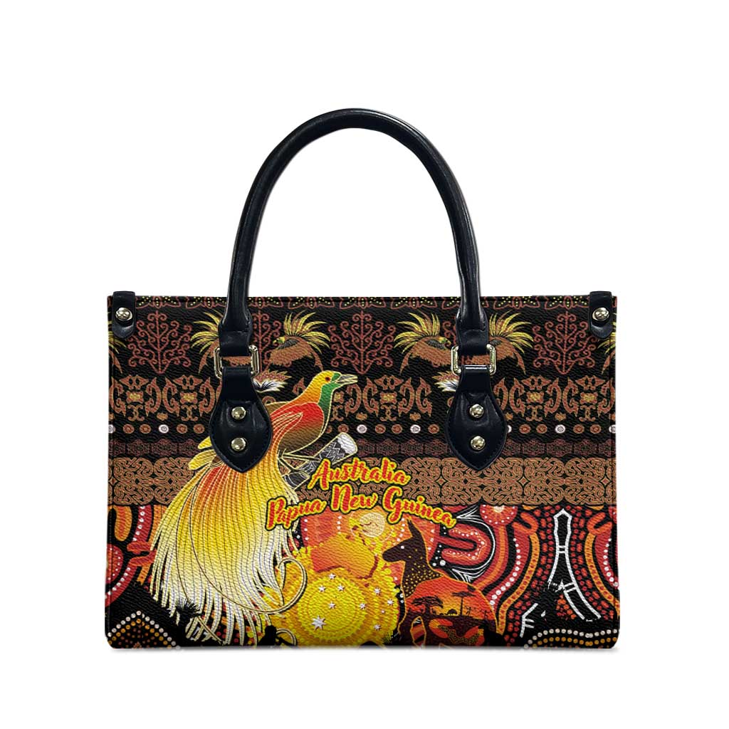 Australia and Papua New Guinea Together Leather Bag Kangaroo Aboriginal Art and Bird-of-paradise Oro Tribal Motifs LT03 - Polynesian Pride