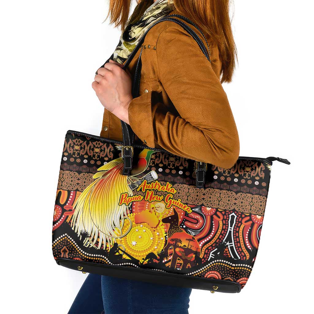 Australia and Papua New Guinea Together Leather Tote Bag Kangaroo Aboriginal Art and Bird-of-paradise Oro Tribal Motifs LT03 Black - Polynesian Pride