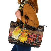 Australia and Papua New Guinea Together Leather Tote Bag Kangaroo Aboriginal Art and Bird-of-paradise Oro Tribal Motifs LT03 Black - Polynesian Pride