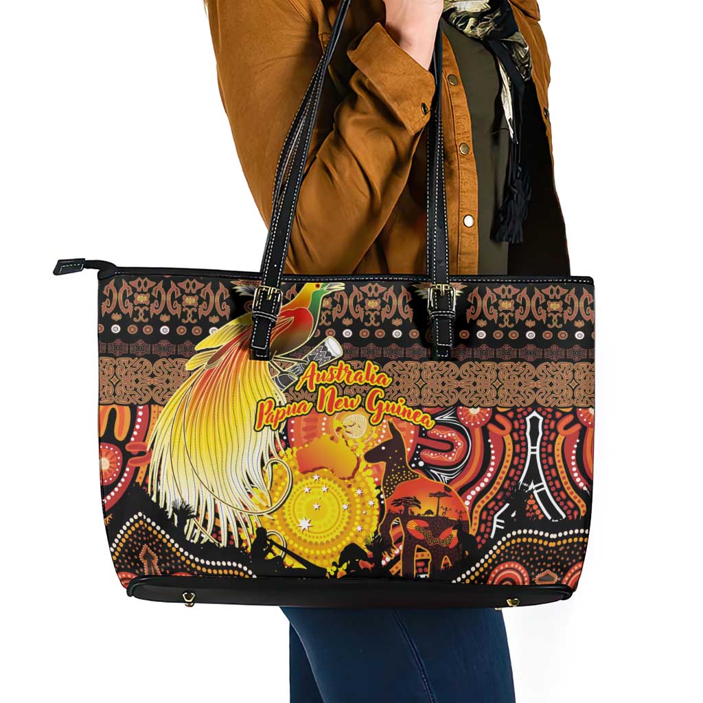 Australia and Papua New Guinea Together Leather Tote Bag Kangaroo Aboriginal Art and Bird-of-paradise Oro Tribal Motifs LT03 - Polynesian Pride