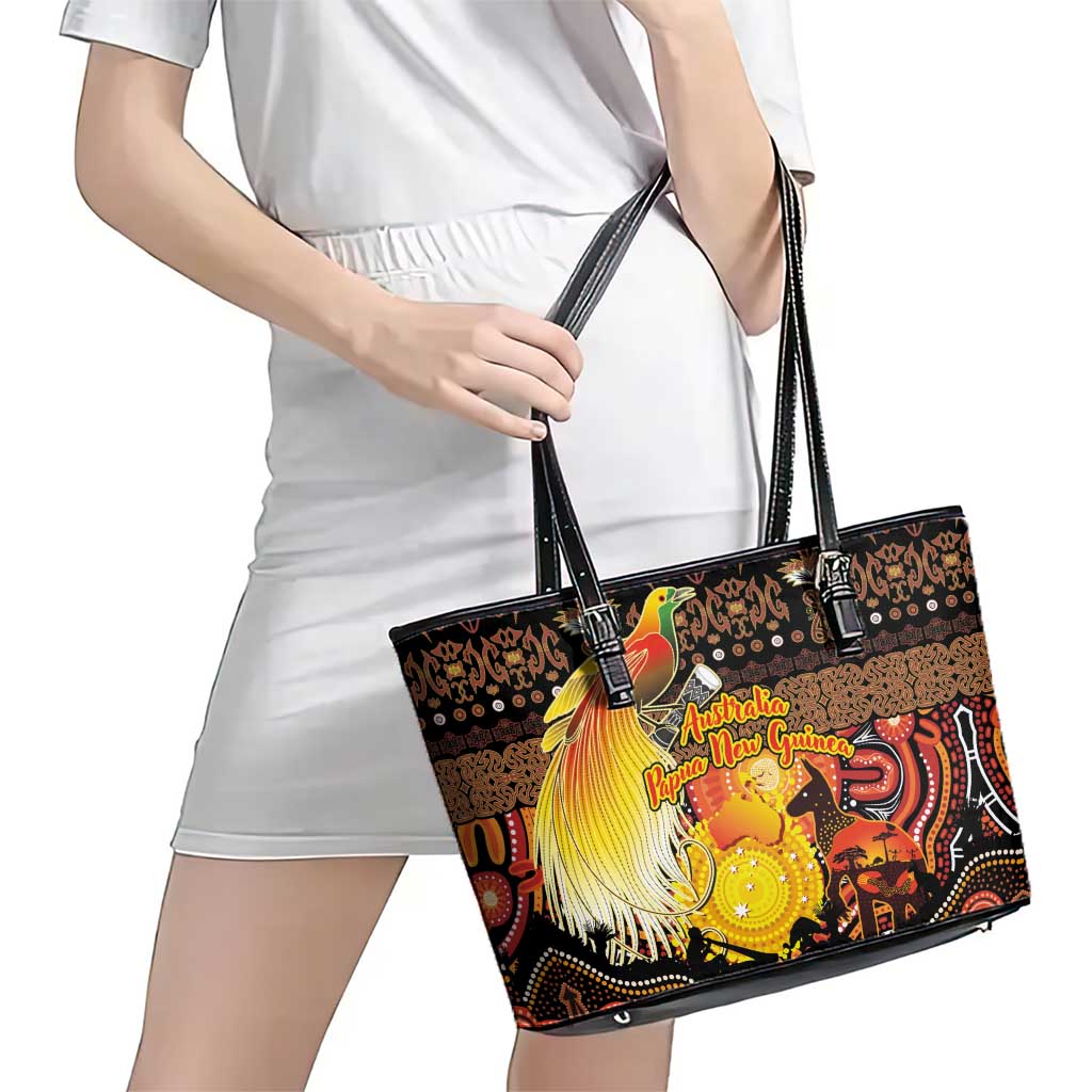 Australia and Papua New Guinea Together Leather Tote Bag Kangaroo Aboriginal Art and Bird-of-paradise Oro Tribal Motifs LT03 - Polynesian Pride