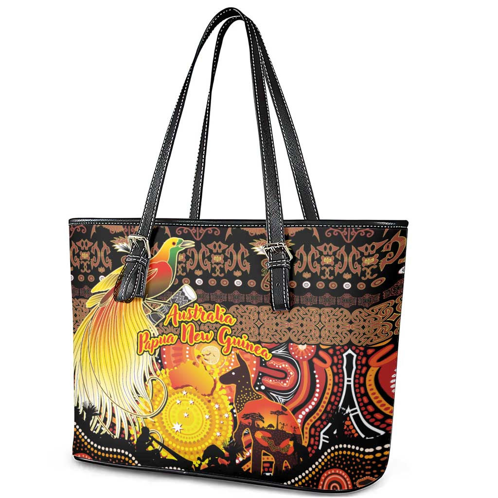 Australia and Papua New Guinea Together Leather Tote Bag Kangaroo Aboriginal Art and Bird-of-paradise Oro Tribal Motifs LT03 - Polynesian Pride