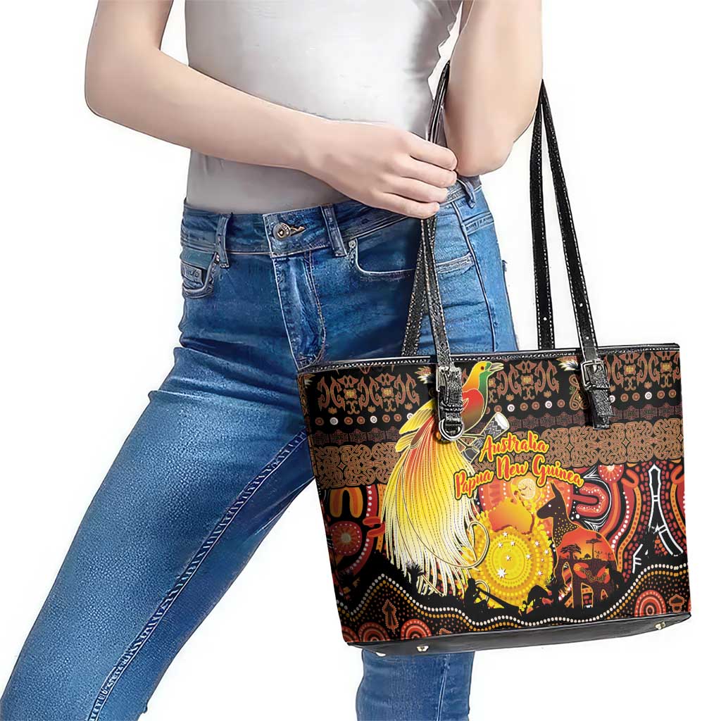 Australia and Papua New Guinea Together Leather Tote Bag Kangaroo Aboriginal Art and Bird-of-paradise Oro Tribal Motifs LT03 - Polynesian Pride