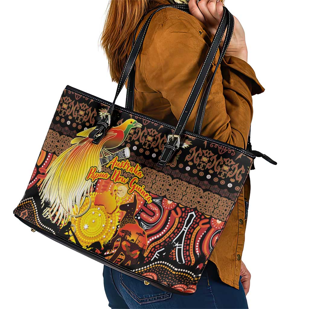 Australia and Papua New Guinea Together Leather Tote Bag Kangaroo Aboriginal Art and Bird-of-paradise Oro Tribal Motifs LT03 - Polynesian Pride