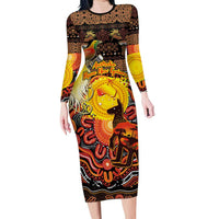 Personalized Australia and Papua New Guinea Together Long Sleeve Bodycon Dress Kangaroo Aboriginal Art and Bird-of-paradise Oro Tribal Motifs LT03 Long Dress Black - Polynesian Pride