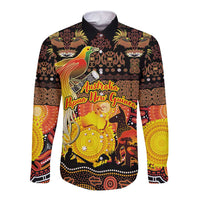Personalized Australia and Papua New Guinea Together Long Sleeve Button Shirt Kangaroo Aboriginal Art and Bird-of-paradise Oro Tribal Motifs - Polynesian Pride