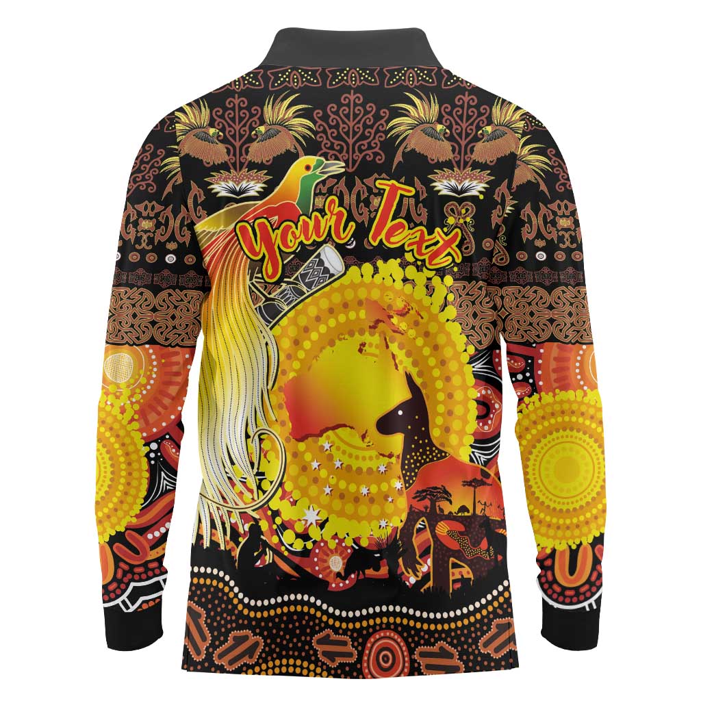 Personalized Australia and Papua New Guinea Together Long Sleeve Polo Shirt Kangaroo Aboriginal Art and Bird-of-paradise Oro Tribal Motifs - Polynesian Pride