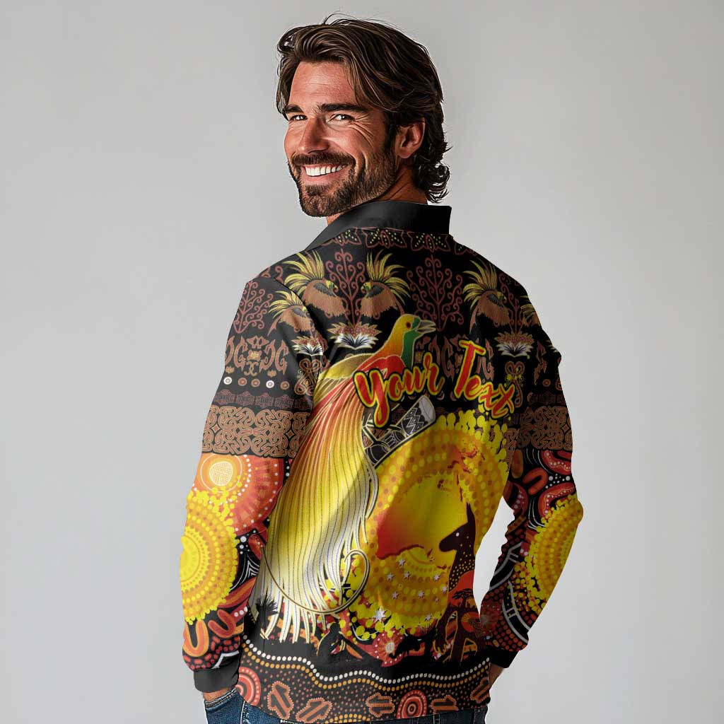 Personalized Australia and Papua New Guinea Together Long Sleeve Polo Shirt Kangaroo Aboriginal Art and Bird-of-paradise Oro Tribal Motifs - Polynesian Pride