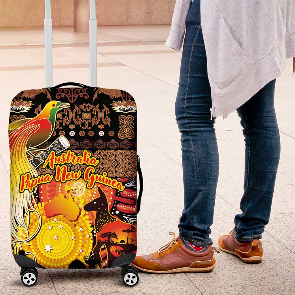 Australia and Papua New Guinea Together Luggage Cover Kangaroo Aboriginal Art and Bird-of-paradise Oro Tribal Motifs LT03 Black - Polynesian Pride