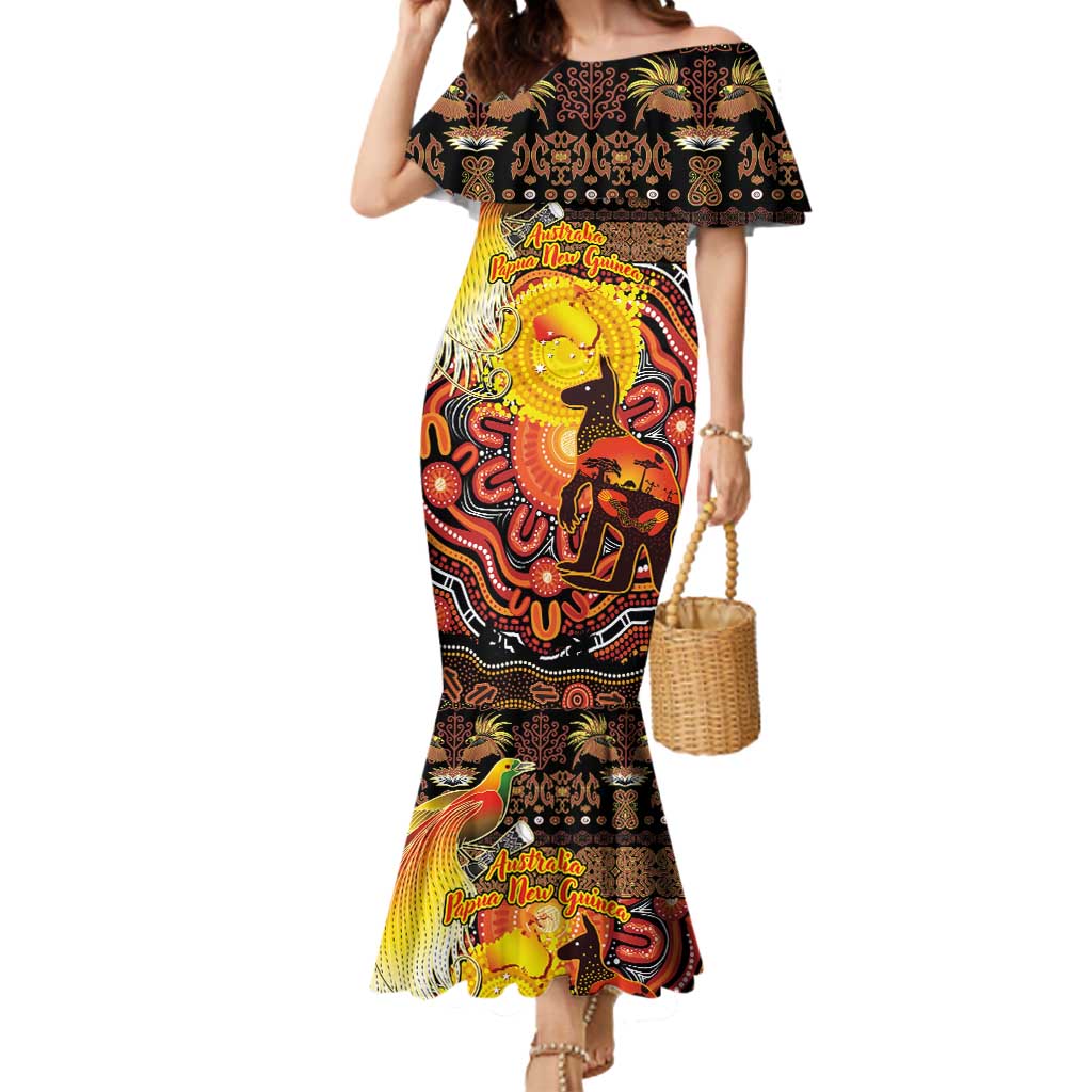 Personalized Australia and Papua New Guinea Together Mermaid Dress Kangaroo Aboriginal Art and Bird-of-paradise Oro Tribal Motifs LT03 Women Black - Polynesian Pride
