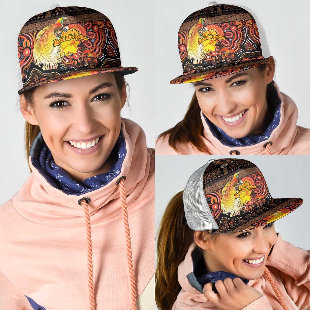 Australia and Papua New Guinea Together Mesh Trucker Cap Kangaroo Aboriginal Art and Bird-of-paradise with Oro Tribal Motifs LT03 - Polynesian Pride