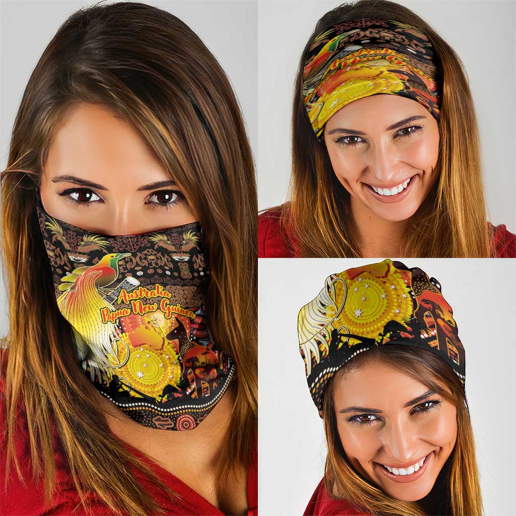 Australia and Papua New Guinea Together Neck Gaiter Kangaroo Aboriginal Art and Bird-of-paradise Oro Tribal Motifs LT03 - Polynesian Pride