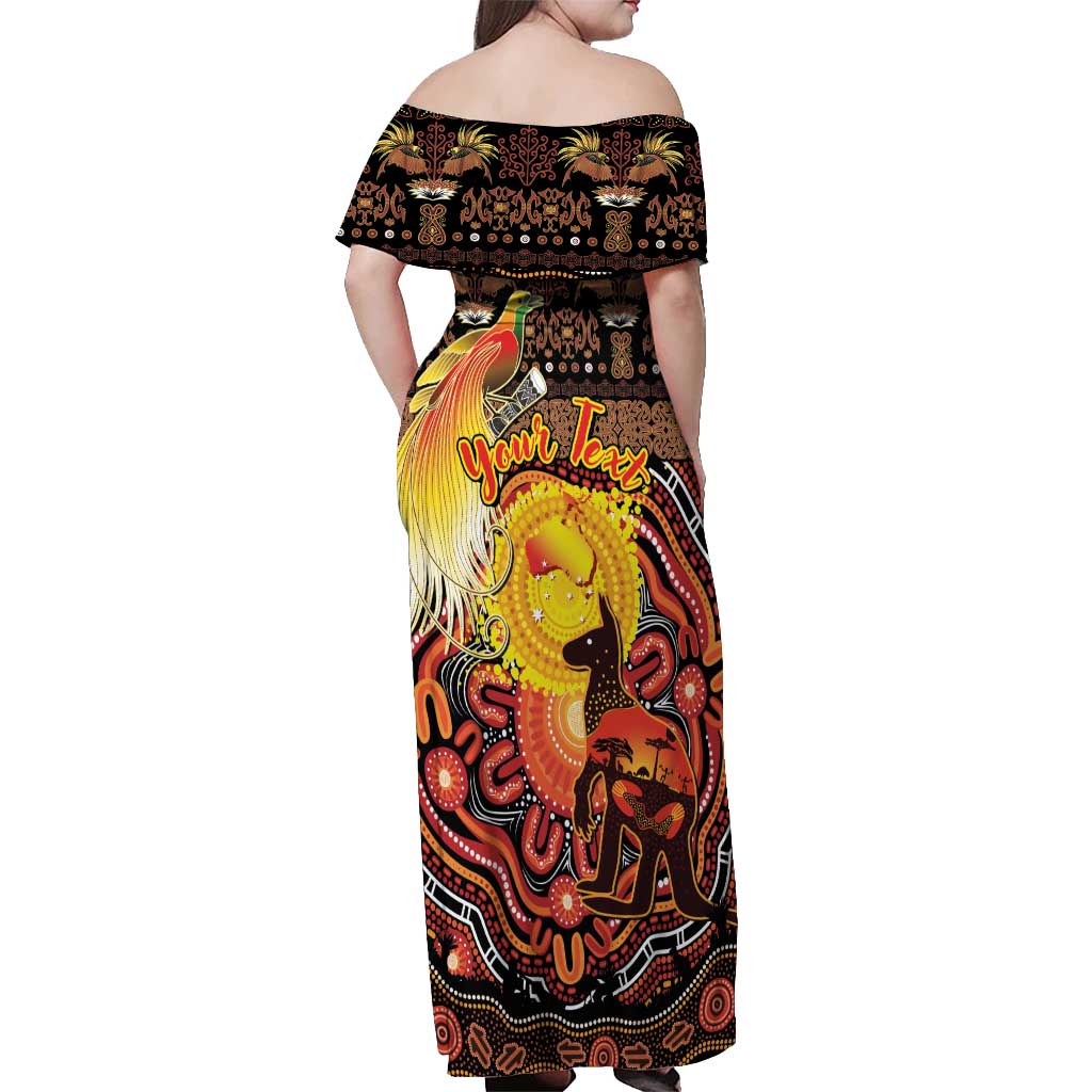 Personalized Australia and Papua New Guinea Together Off Shoulder Maxi Dress Kangaroo Aboriginal Art and Bird-of-paradise Oro Tribal Motifs LT03 - Polynesian Pride