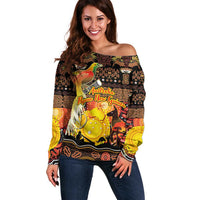 Personalized Australia and Papua New Guinea Together Off Shoulder Sweater Kangaroo Aboriginal Art and Bird-of-paradise Oro Tribal Motifs LT03 Women Black - Polynesian Pride
