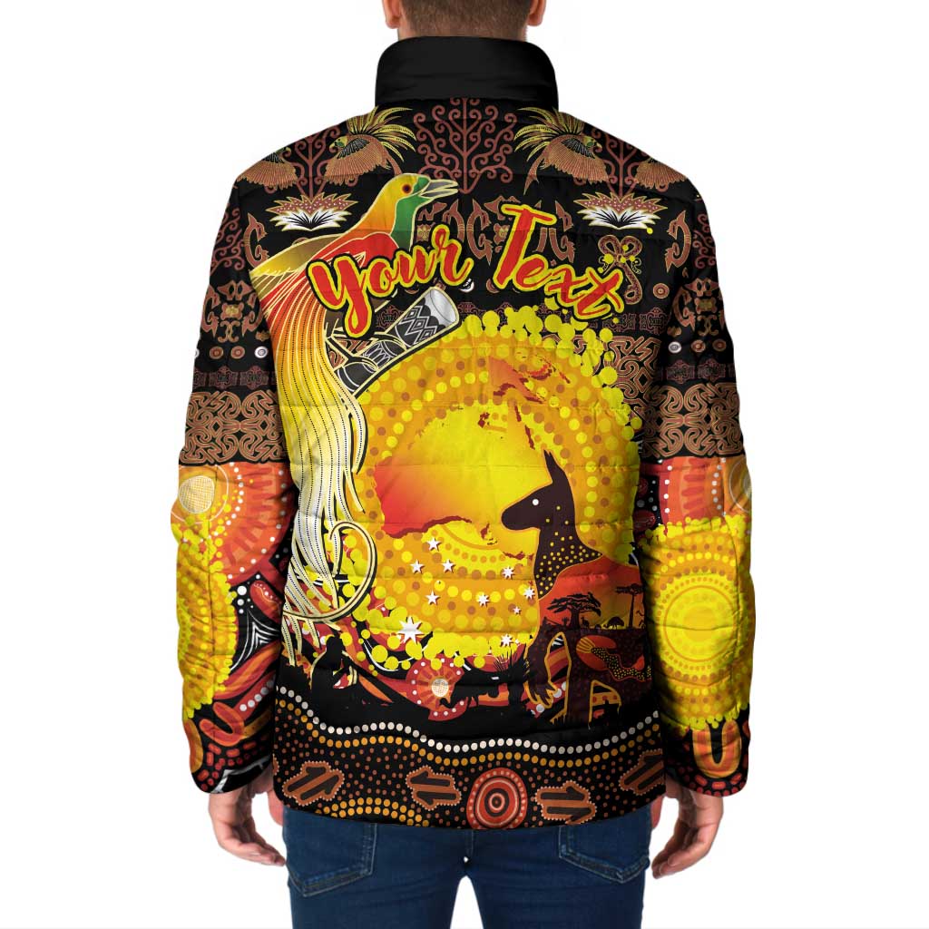 Personalized Australia and Papua New Guinea Together Padded Jacket Kangaroo Aboriginal Art and Bird-of-paradise Oro Tribal Motifs LT03 - Polynesian Pride