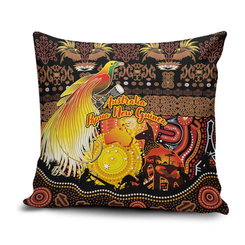 Australia and Papua New Guinea Together Pillow Cover Kangaroo Aboriginal Art and Bird-of-paradise Oro Tribal Motifs LT03 Black - Polynesian Pride