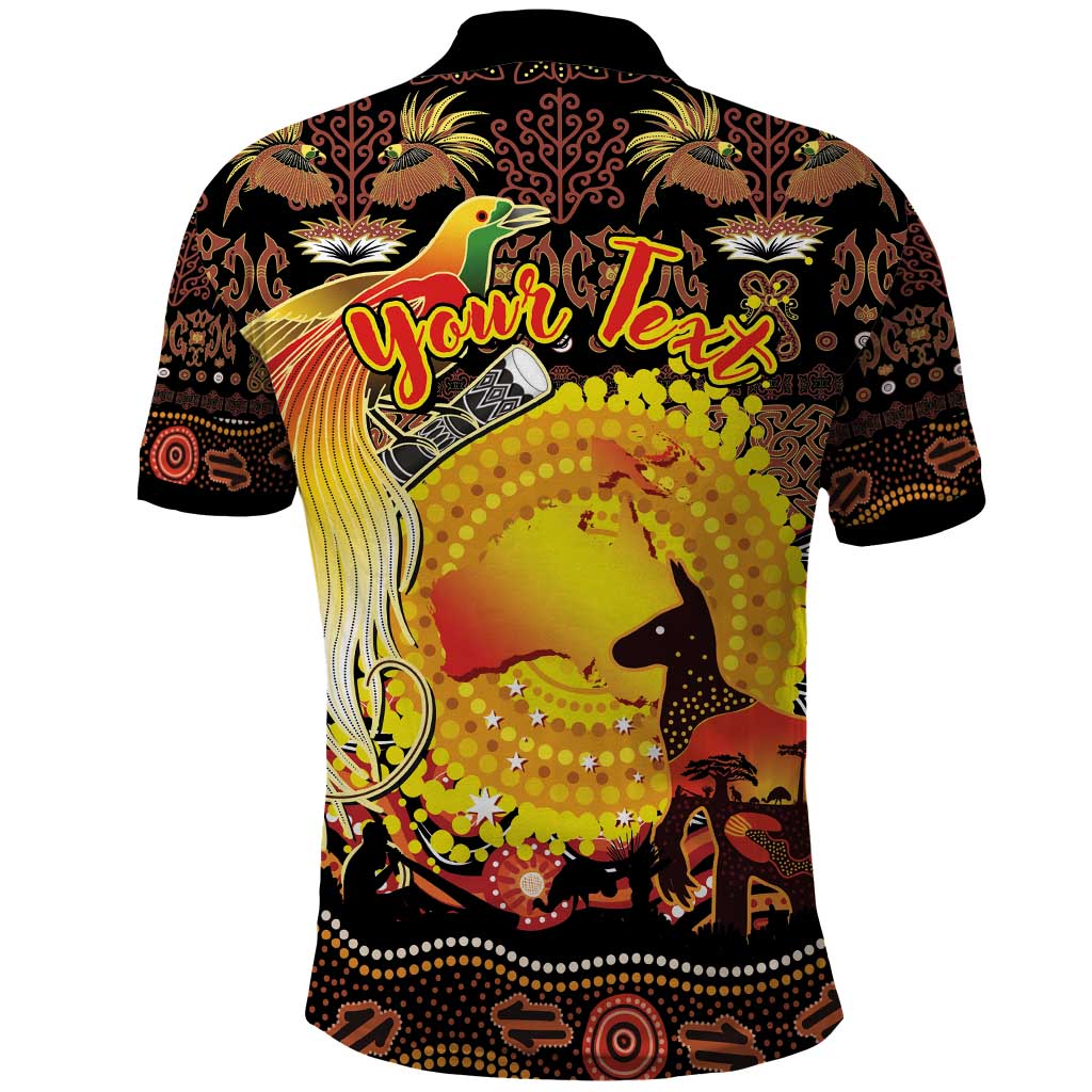 Personalized Australia and Papua New Guinea Together Polo Shirt Kangaroo Aboriginal Art and Bird-of-paradise Oro Tribal Motifs - Polynesian Pride