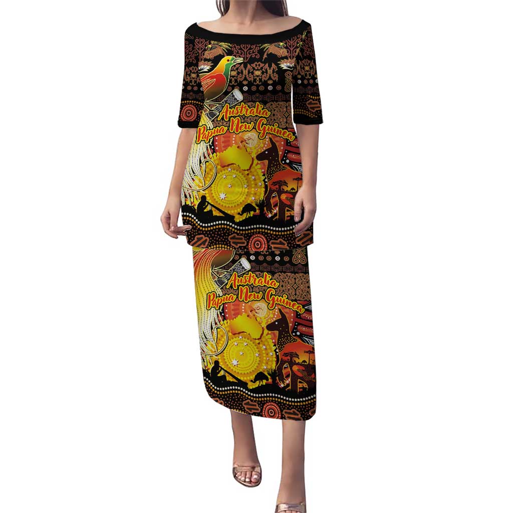 Personalized Australia and Papua New Guinea Together Puletasi Kangaroo Aboriginal Art and Bird-of-paradise Oro Tribal Motifs - Polynesian Pride