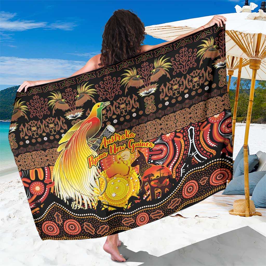 Australia and Papua New Guinea Together Sarong Kangaroo Aboriginal Art and Bird-of-paradise Oro Tribal Motifs LT03 One Size 44 x 66 inches Black - Polynesian Pride