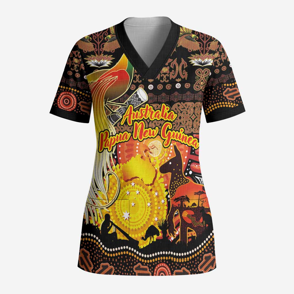 Personalized Australia and Papua New Guinea Together Scrub Top Kangaroo Aboriginal Art and Bird-of-paradise Oro Tribal Motifs LT03 Adult Black - Polynesian Pride