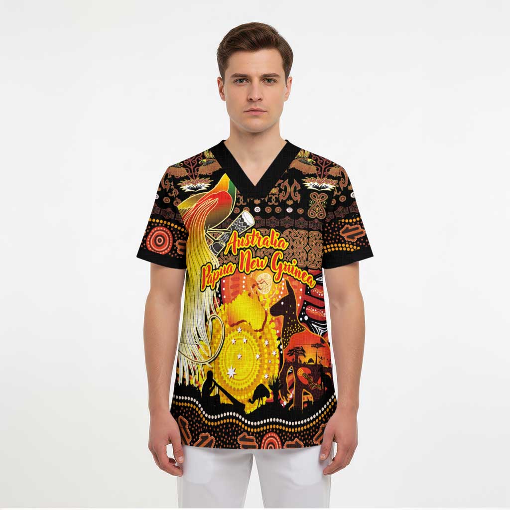 Personalized Australia and Papua New Guinea Together Scrub Top Kangaroo Aboriginal Art and Bird-of-paradise Oro Tribal Motifs LT03 - Polynesian Pride