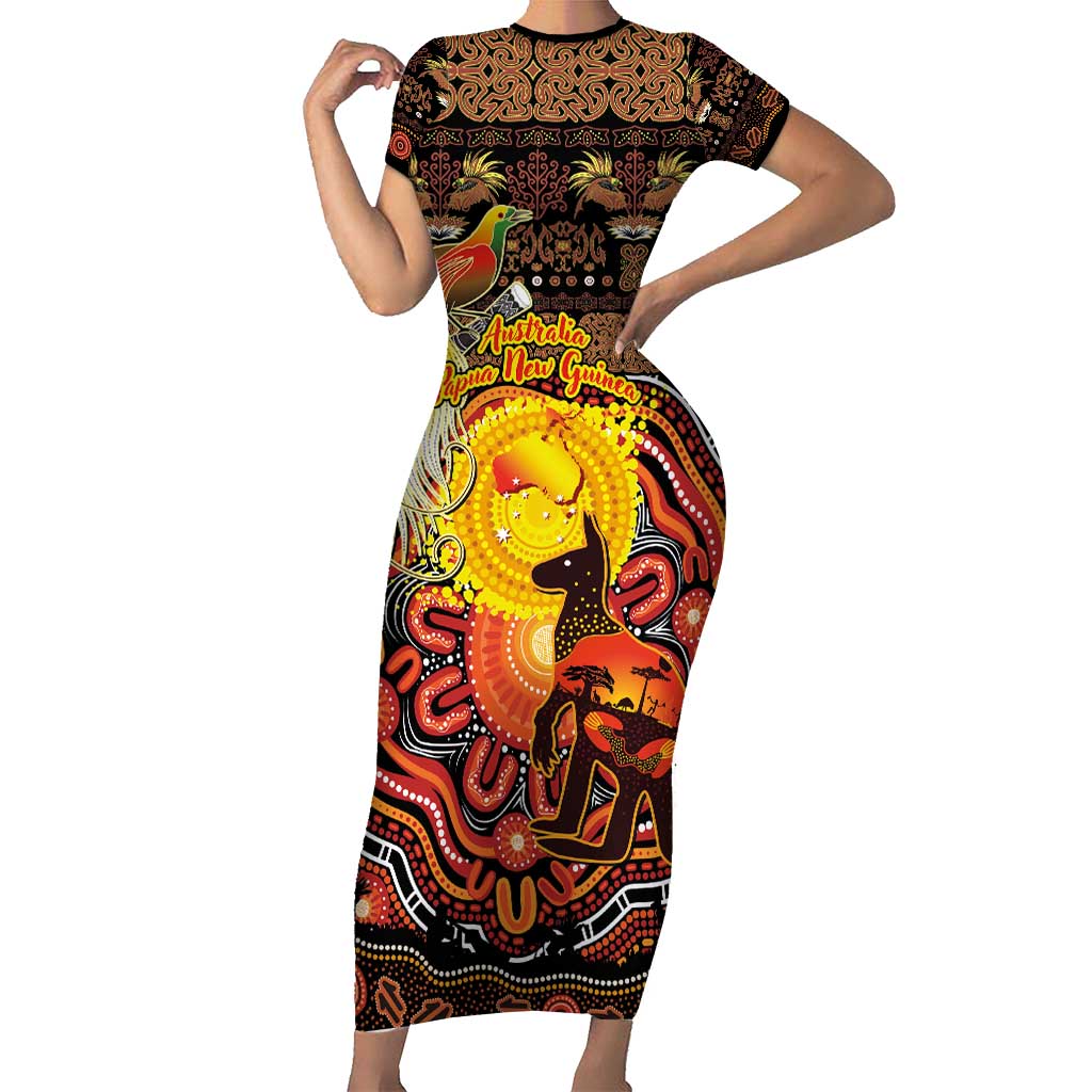 Personalized Australia and Papua New Guinea Together Short Sleeve Bodycon Dress Kangaroo Aboriginal Art and Bird-of-paradise Oro Tribal Motifs LT03 Long Dress Black - Polynesian Pride