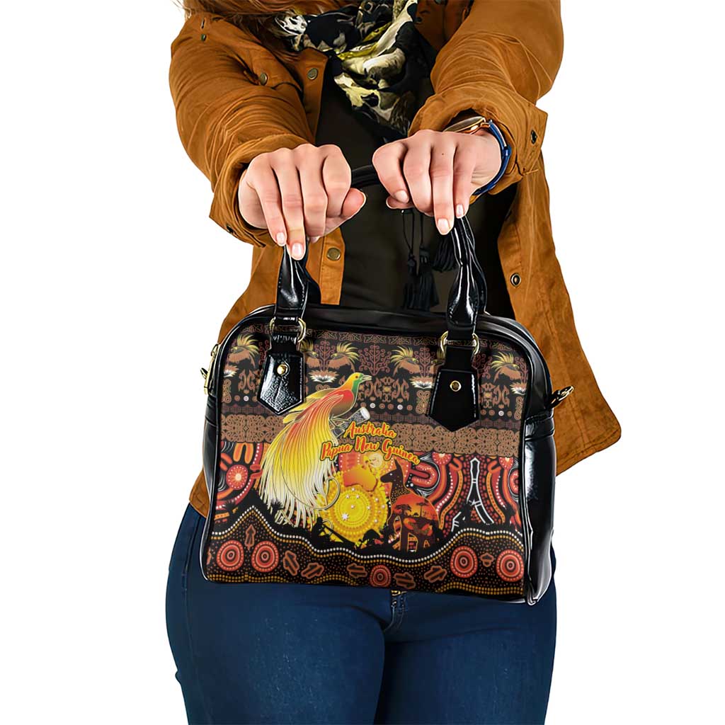 Australia and Papua New Guinea Together Shoulder Handbag Kangaroo Aboriginal Art and Bird-of-paradise Oro Tribal Motifs LT03 One Size Black - Polynesian Pride
