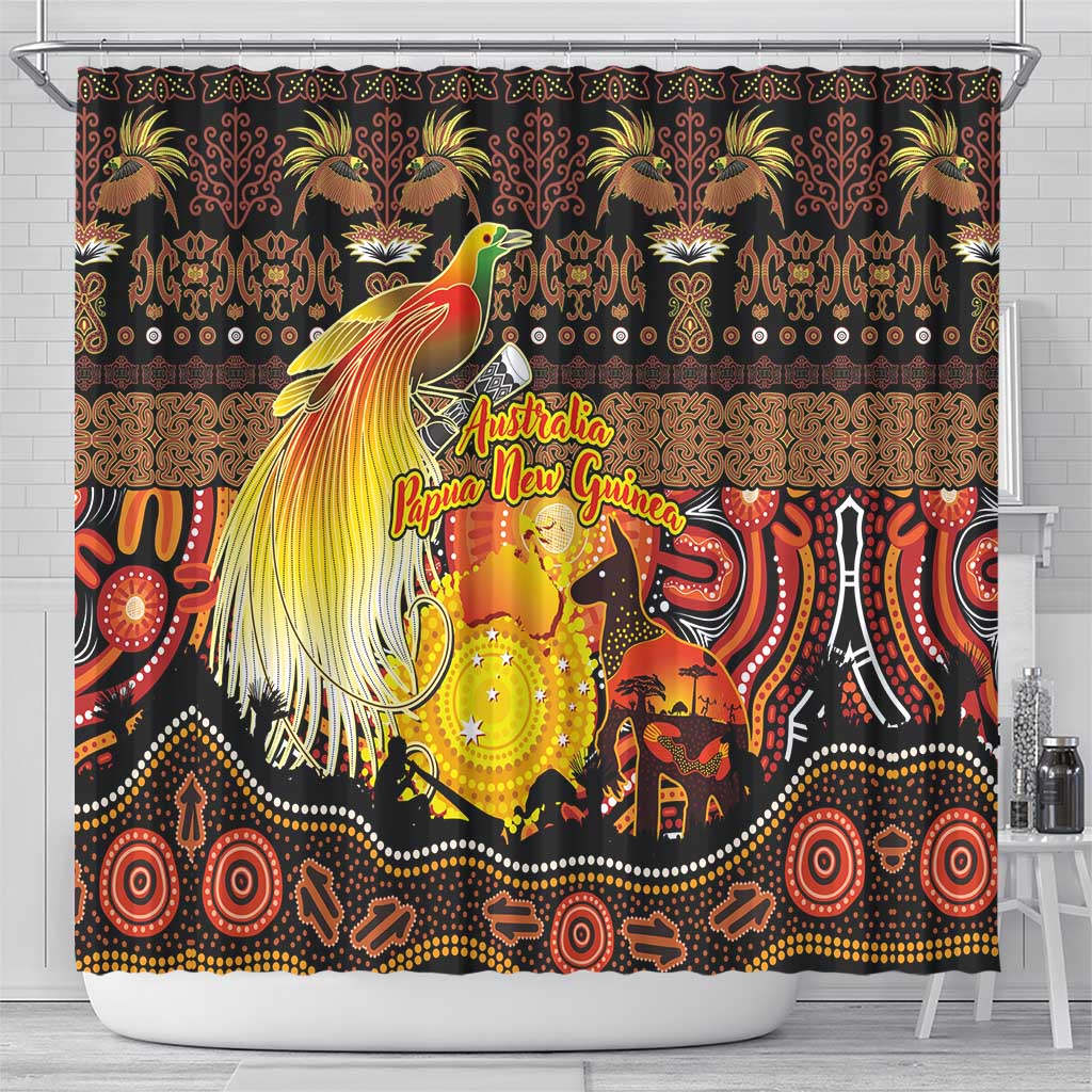 Australia and Papua New Guinea Together Shower Curtain Kangaroo Aboriginal Art and Bird-of-paradise Oro Tribal Motifs LT03 - Polynesian Pride