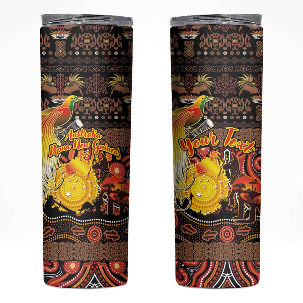 Personalized Australia and Papua New Guinea Together Skinny Tumbler Kangaroo Aboriginal Art and Bird-of-paradise Oro Tribal Motifs LT03 Black - Polynesian Pride