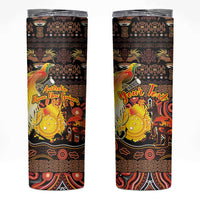 Personalized Australia and Papua New Guinea Together Skinny Tumbler Kangaroo Aboriginal Art and Bird-of-paradise Oro Tribal Motifs LT03 Black - Polynesian Pride