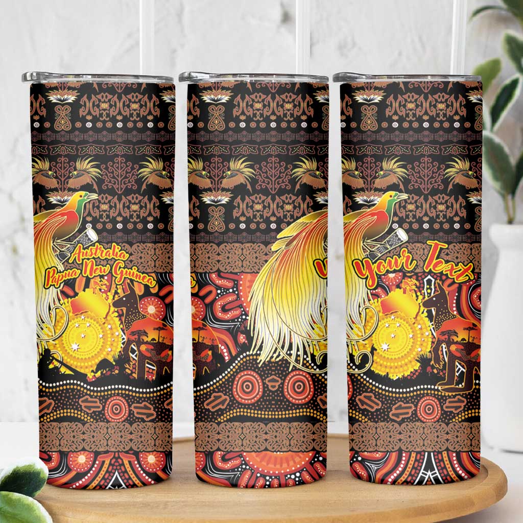 Personalized Australia and Papua New Guinea Together Skinny Tumbler Kangaroo Aboriginal Art and Bird-of-paradise Oro Tribal Motifs LT03 - Polynesian Pride