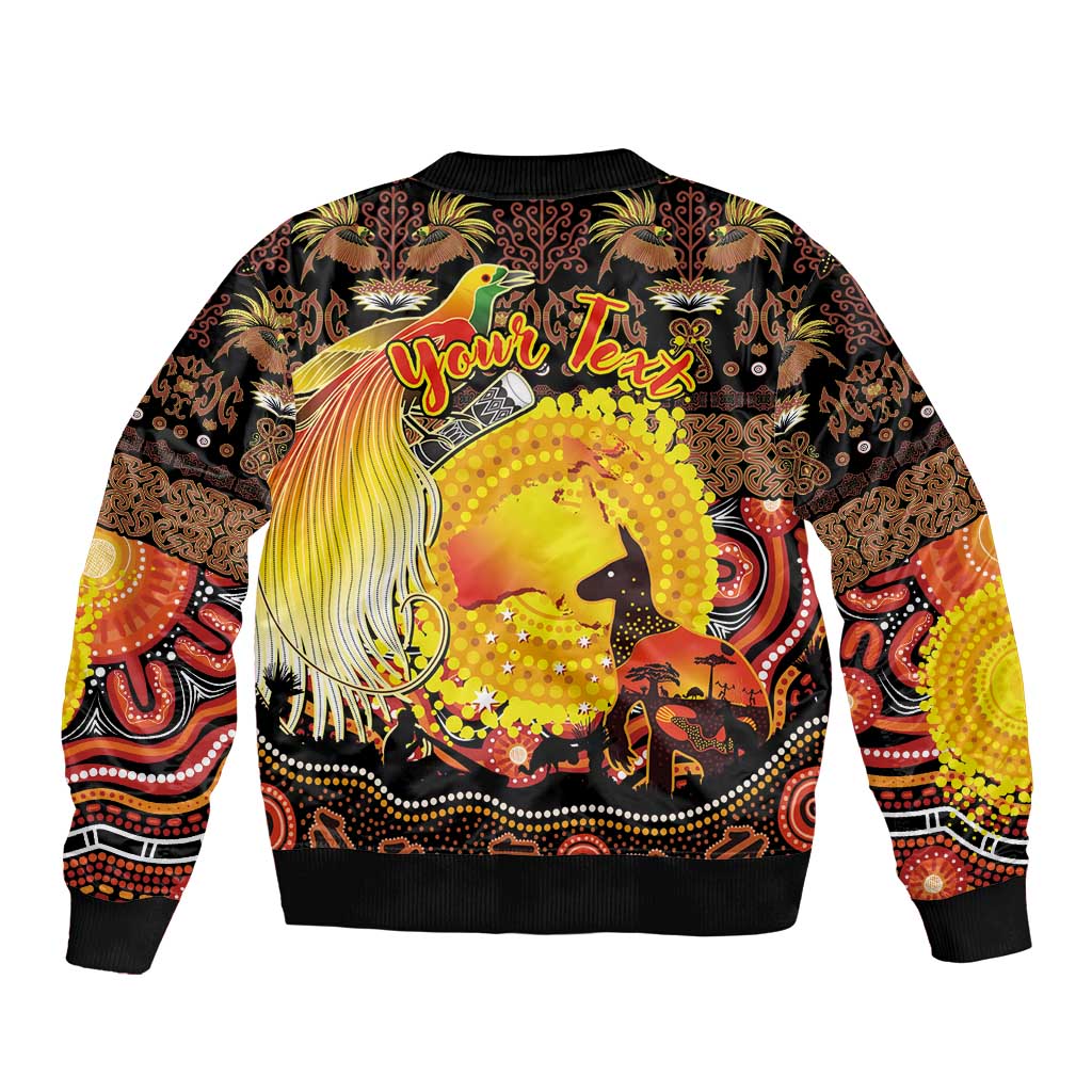 Personalized Australia and Papua New Guinea Together Sleeve Zip Bomber Jacket Kangaroo Aboriginal Art and Bird-of-paradise Oro Tribal Motifs LT03 - Polynesian Pride