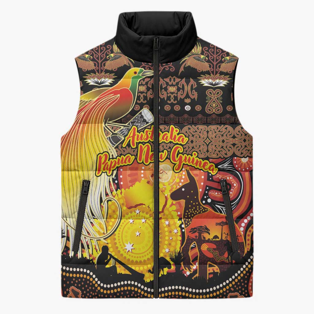 Personalized Australia and Papua New Guinea Together Sleeveless Puffer Jacket Kangaroo Aboriginal Art and Bird-of-paradise Oro Tribal Motifs LT03 Unisex Black - Polynesian Pride