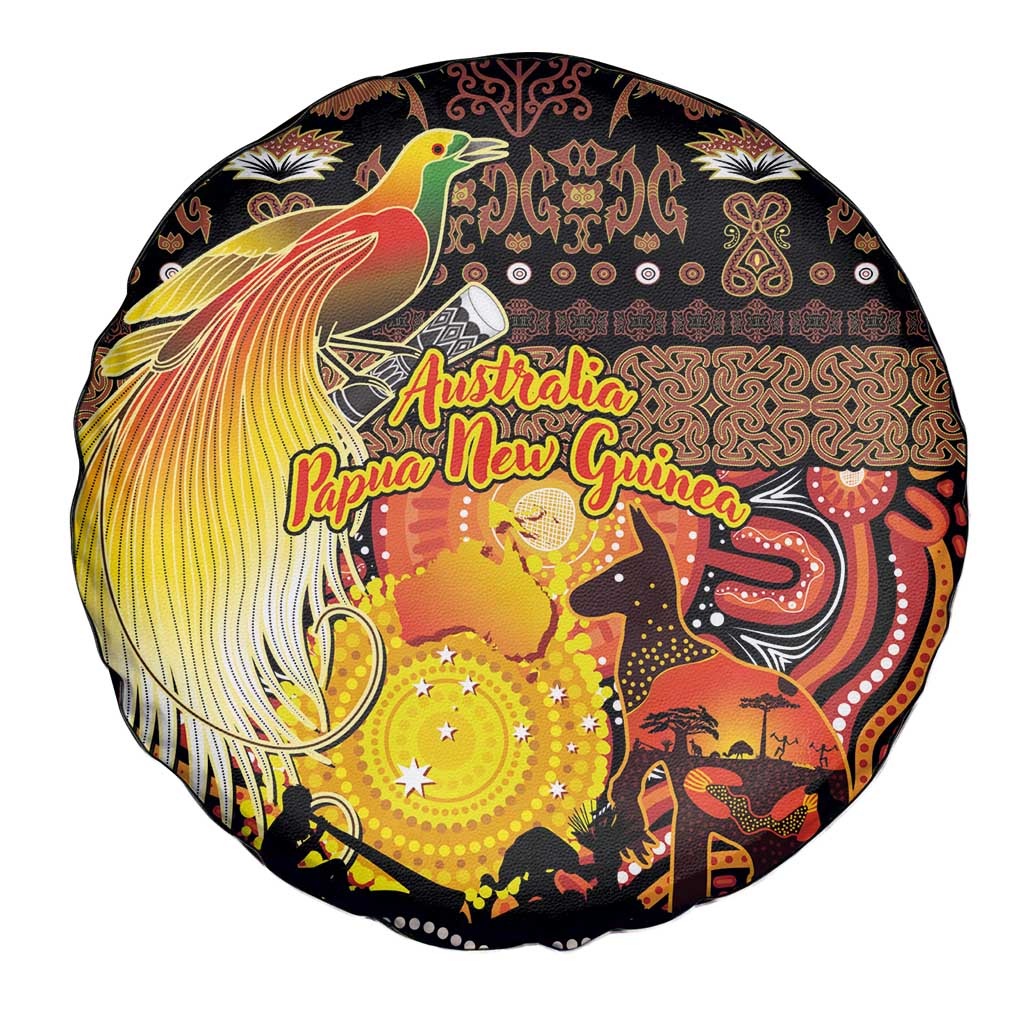 Australia and Papua New Guinea Together Spare Tire Cover Kangaroo Aboriginal Art and Bird-of-paradise Oro Tribal Motifs LT03 - Polynesian Pride
