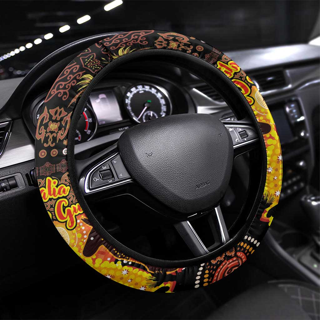 Australia and Papua New Guinea Together Steering Wheel Cover Kangaroo Aboriginal Art and Bird-of-paradise Oro Tribal Motifs LT03 Universal Fit Black - Polynesian Pride