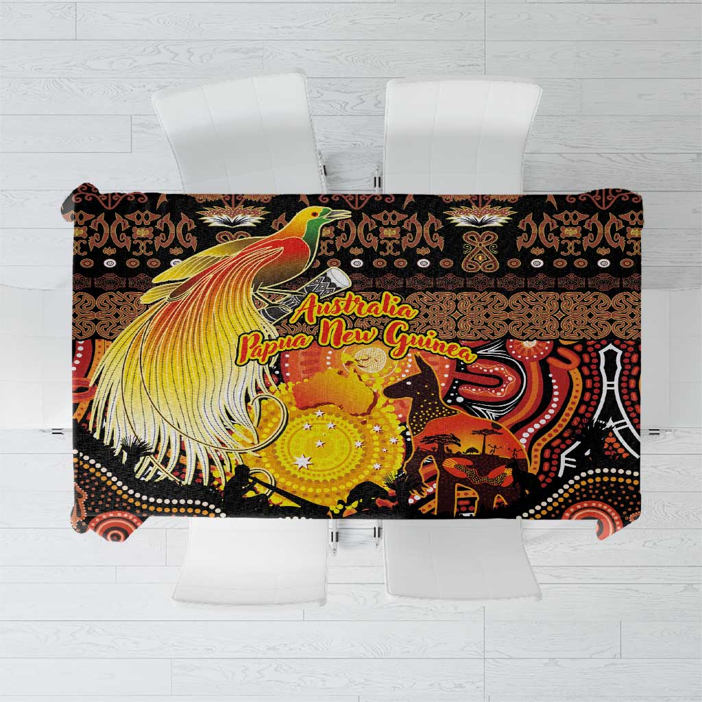Australia and Papua New Guinea Together Tablecloth Kangaroo Aboriginal Art and Bird-of-paradise Oro Tribal Motifs LT03 Black - Polynesian Pride