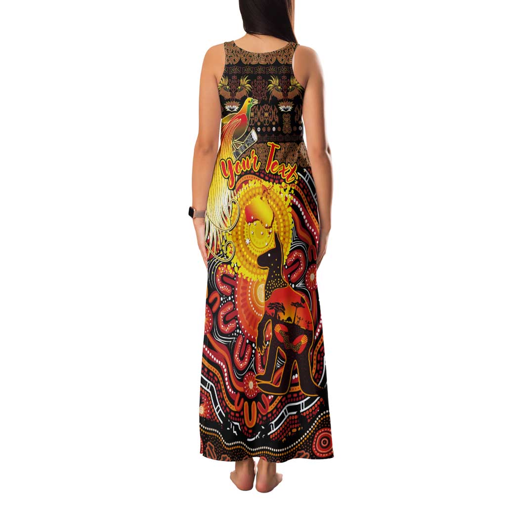 Personalized Australia and Papua New Guinea Together Tank Maxi Dress Kangaroo Aboriginal Art and Bird-of-paradise Oro Tribal Motifs LT03 - Polynesian Pride