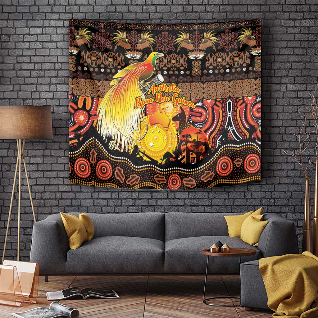 Australia and Papua New Guinea Together Tapestry Kangaroo Aboriginal Art and Bird-of-paradise Oro Tribal Motifs LT03 Black - Polynesian Pride