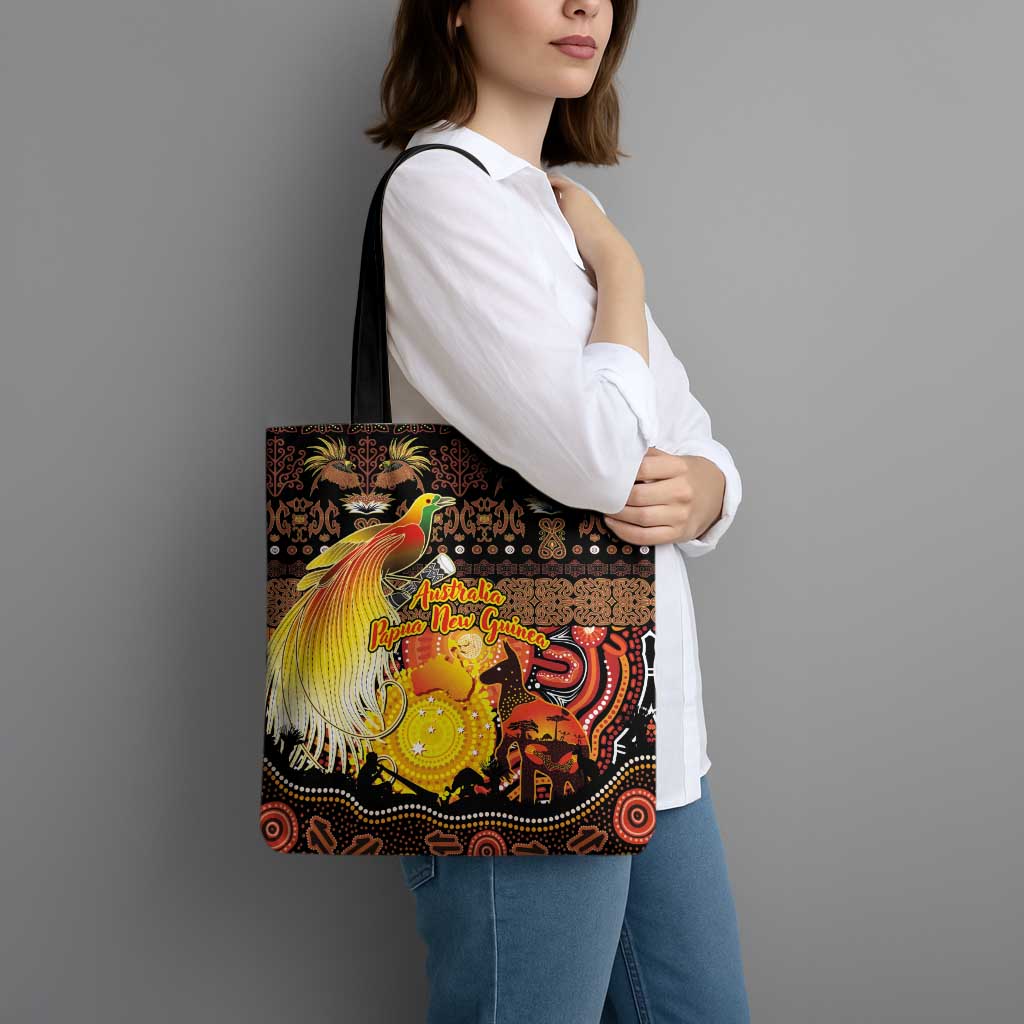 Australia and Papua New Guinea Together Tote Bag Kangaroo Aboriginal Art and Bird-of-paradise Oro Tribal Motifs LT03 - Polynesian Pride