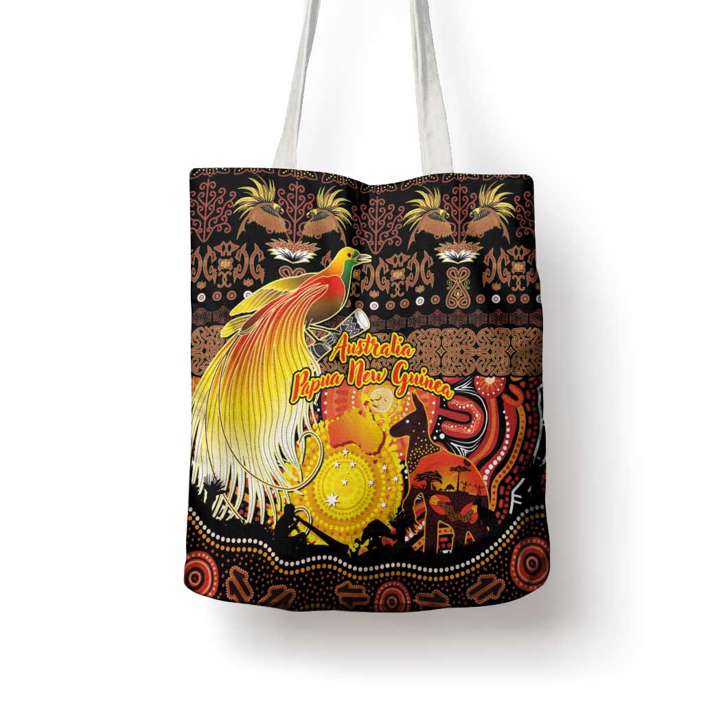 Australia and Papua New Guinea Together Tote Bag Kangaroo Aboriginal Art and Bird-of-paradise Oro Tribal Motifs LT03 - Polynesian Pride