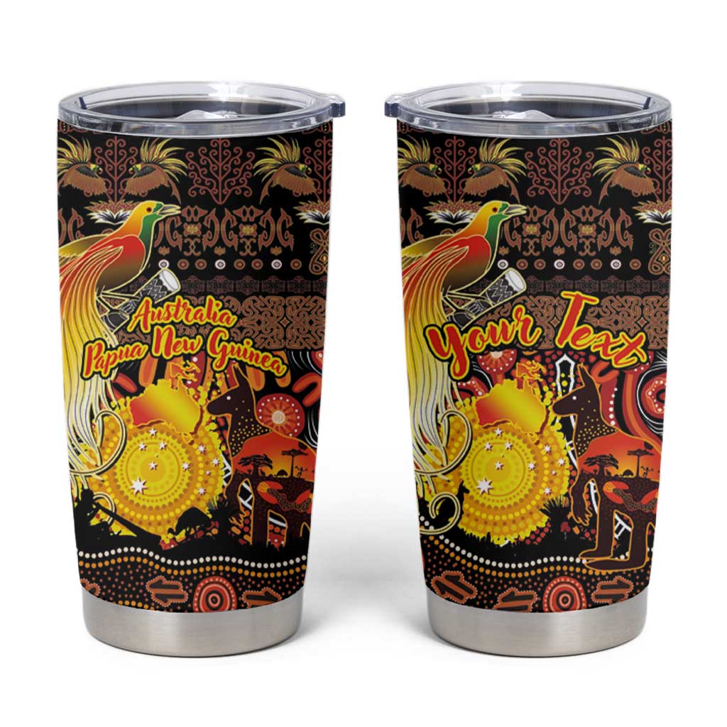 Personalized Australia and Papua New Guinea Together Tumbler Cup Kangaroo Aboriginal Art and Bird-of-paradise Oro Tribal Motifs LT03 Black - Polynesian Pride