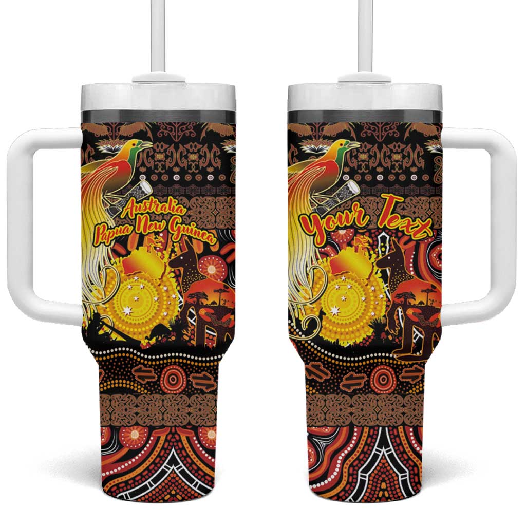 Personalized Australia and Papua New Guinea Together Tumbler With Handle Kangaroo Aboriginal Art and Bird-of-paradise Oro Tribal Motifs LT03 One Size: 40 oz Black - Polynesian Pride