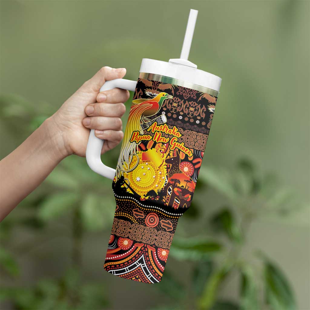 Personalized Australia and Papua New Guinea Together Tumbler With Handle Kangaroo Aboriginal Art and Bird-of-paradise Oro Tribal Motifs LT03 - Polynesian Pride