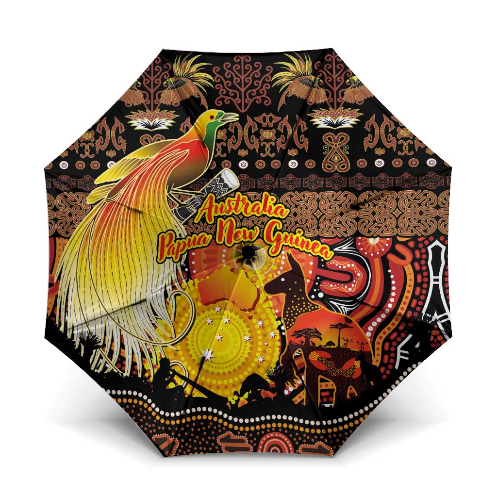 Australia and Papua New Guinea Together Umbrella Kangaroo Aboriginal Art and Bird-of-paradise Oro Tribal Motifs LT03 One Size Folded 11.42 inch Opened Diameter 37.4 inch Black - Polynesian Pride
