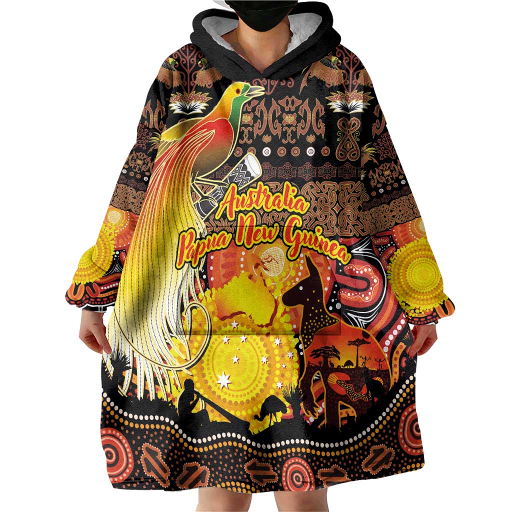 Personalized Australia and Papua New Guinea Together Wearable Blanket Hoodie Kangaroo Aboriginal Art and Bird-of-paradise Oro Tribal Motifs LT03 - Polynesian Pride
