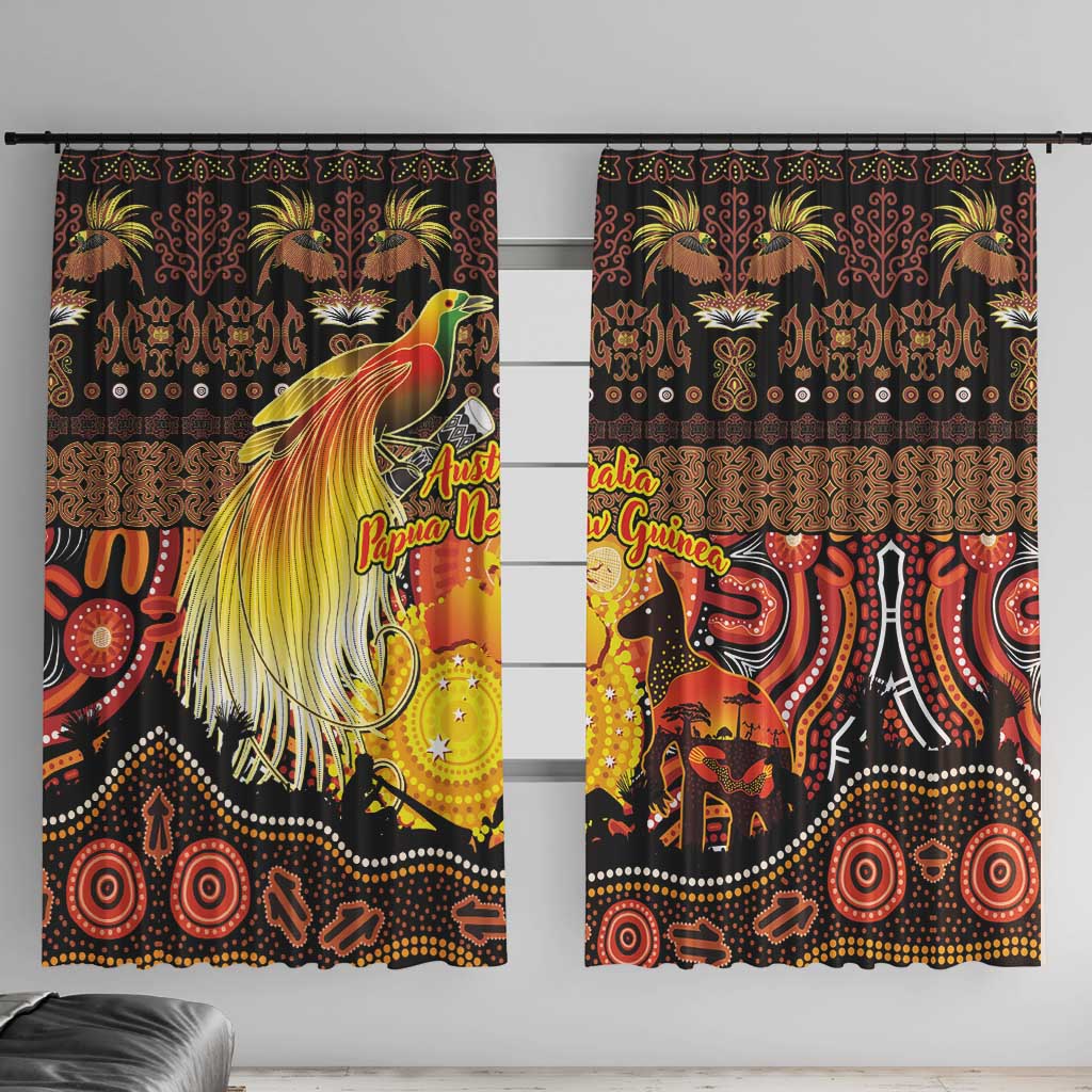 Australia and Papua New Guinea Together Window Curtain Kangaroo Aboriginal Art and Bird-of-paradise Oro Tribal Motifs LT03 With Hooks Black - Polynesian Pride
