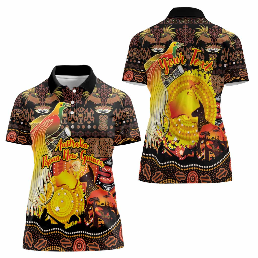 Personalized Australia and Papua New Guinea Together Women Polo Shirt Kangaroo Aboriginal Art and Bird-of-paradise Oro Tribal Motifs - Polynesian Pride