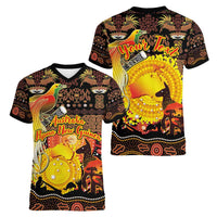 Personalized Australia and Papua New Guinea Together Women V-Neck T-Shirt Kangaroo Aboriginal Art and Bird-of-paradise Oro Tribal Motifs - Polynesian Pride