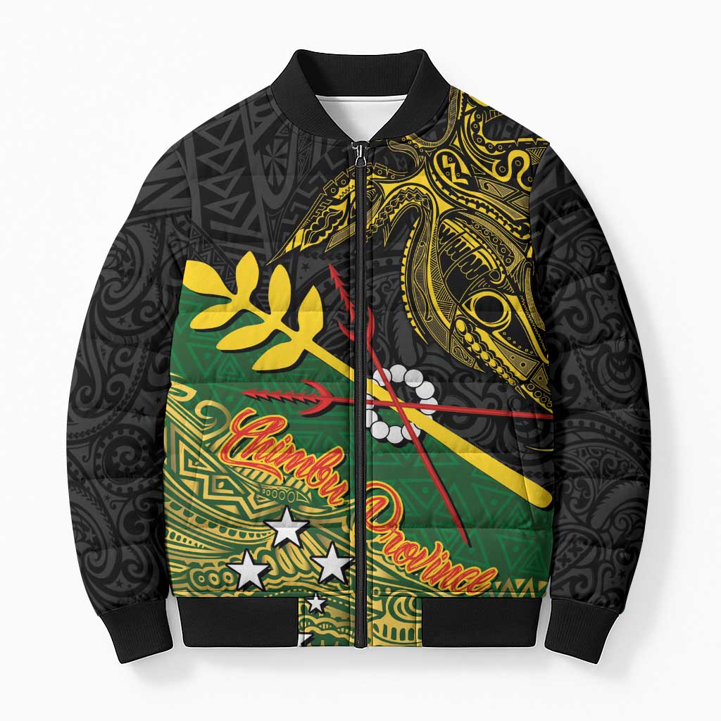 Personalized Chimpu Province Papua New Guinea Bomber Puffer Jacket Bird-of-paradise Art Tattoo and Melanesian Motifs LT03 Unisex Black - Polynesian Pride